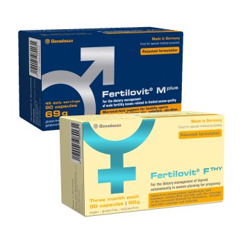 Fertilovit® F THY moterų, susiduriančių su skydliaukės autoimuninėmis ligomis, vaisingumo palaikymui 90 kaps.+ FERTILOVIT® M plus, vyrų vaisingumo palaikymui, 90 kaps.